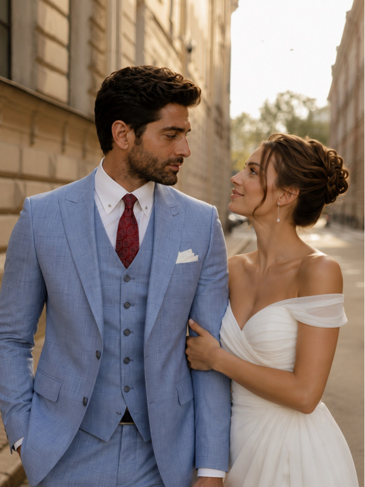 Мужской костюм тройка голубой в клетку Sandro