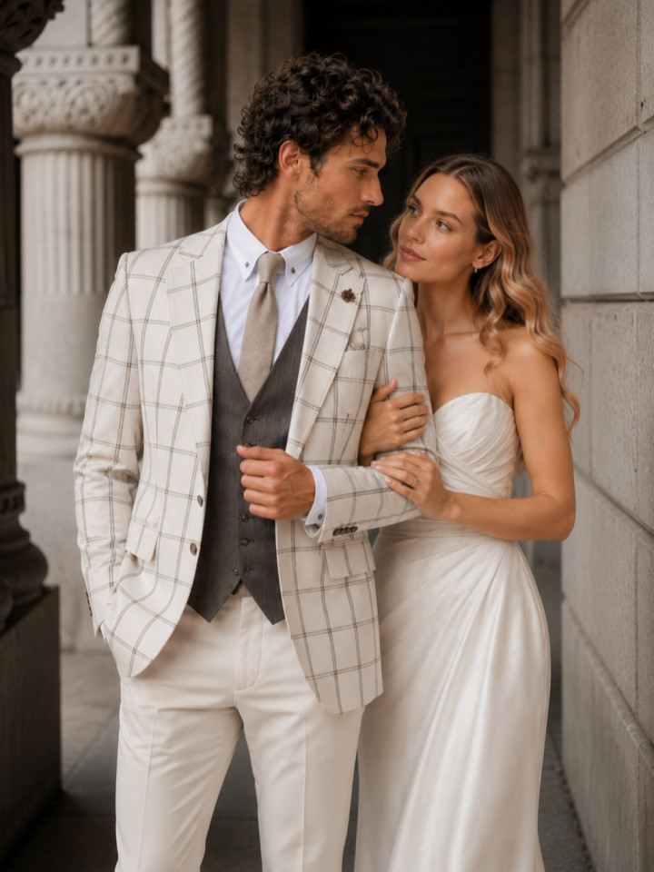 Мужской костюм тройка компаньон бежевый Albio купить - фото 2